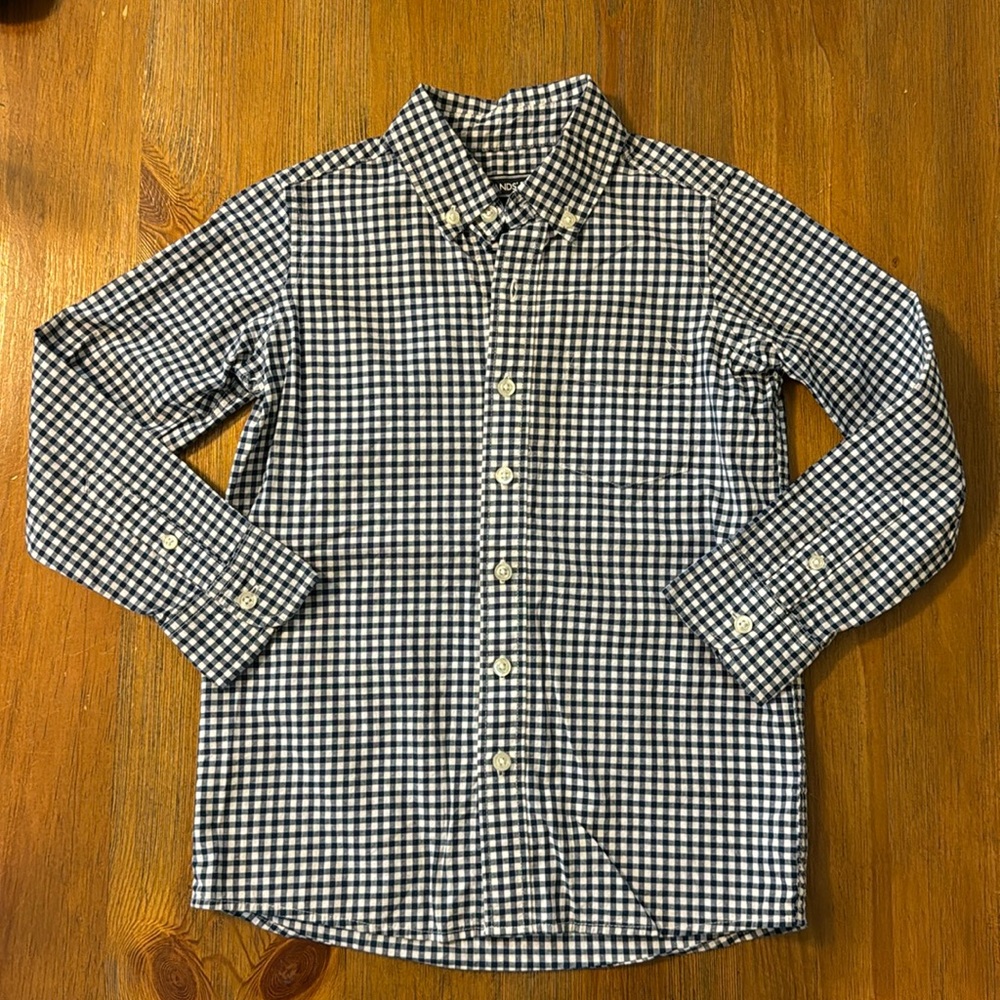 Boys Size 5/6 Lands End Check Button Down Navy & White